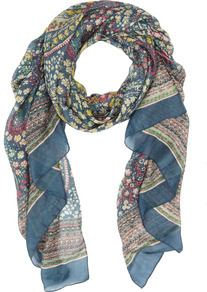 Sophie Silk Scarf - secondary colour: ivory; predominant colour: denim; occasions: casual, evening, work, holiday; type of pattern: heavy; style: regular; size: standard; material: silk; pattern: patterned/print