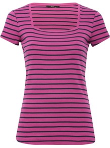 Women's Short Sleeve Square Neck Striped T Shirt - pattern: horizontal stripes; style: t-shirt; predominant colour: hot pink; secondary colour: navy; occasions: casual, holiday; length: standard; fibres: cotton - 100%; fit: body skimming; sleeve length: short sleeve; sleeve style: standard; texture group: cotton feel fabrics; neckline: medium square neck; pattern type: fabric; pattern size: standard