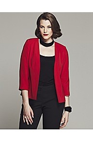 Lucille Semi Fitted Jacket - pattern: plain; style: single breasted blazer; collar: shawl/waterfall; fit: loose; predominant colour: true red; occasions: casual, evening, occasion; length: standard; fibres: polyester/polyamide - 100%; sleeve length: 3/4 length; sleeve style: standard; texture group: silky - light; collar break: low/open; pattern type: fabric