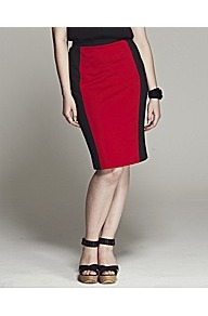 Dita Contrast Panel Pencil Skirt - style: pencil; fit: tailored/fitted; waist: mid/regular rise; predominant colour: true red; secondary colour: black; occasions: evening, work; length: just above the knee; fibres: polyester/polyamide - stretch; pattern type: fabric; pattern size: standard; pattern: colourblock; texture group: other - light to midweight