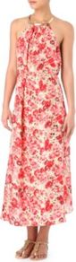 Oasis Choker Beach Dress - fit: fitted at waist; sleeve style: sleeveless; style: maxi dress; length: ankle length; waist detail: fitted waist; neckline: halter neck; predominant colour: pink; secondary colour: true red; occasions: evening, holiday; fibres: silk - 100%; hip detail: soft pleats at hip/draping at hip/flared at hip; sleeve length: sleeveless; texture group: sheer fabrics/chiffon/organza etc.; pattern type: fabric; pattern size: big & busy; pattern: florals