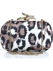 Lytton Box Clutch - secondary colour: white; predominant colour: taupe; occasions: evening, occasion; type of pattern: standard; style: clutch; length: hand carry; size: mini; material: satin; pattern: animal print; trends: statement prints; finish: plain; embellishment: chain/metal