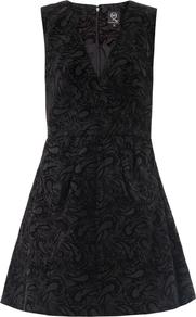 Flocked Paisley Dress - length: mid thigh; neckline: low v-neck; sleeve style: sleeveless; pattern: paisley; waist detail: twist front waist detail/nipped in at waist on one side/soft pleats/draping/ruching/gathering waist detail; predominant colour: black; occasions: evening, occasion; fit: fitted at waist & bust; style: fit & flare; fibres: cotton - 100%; sleeve length: sleeveless; trends: volume; pattern type: fabric; pattern size: standard; texture group: brocade/jacquard