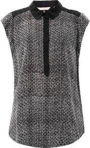 Mosaic Print Capped Sleeve Blouse - neckline: shirt collar/peter pan/zip with opening; sleeve style: capped; style: shirt; shoulder detail: contrast pattern/fabric at shoulder; back detail: contrast pattern/fabric at back; secondary colour: white; occasions: casual, work; length: standard; fibres: silk - 100%; fit: straight cut; bust detail: contrast pattern/fabric/detail at bust; sleeve length: sleeveless; texture group: sheer fabrics/chiffon/organza etc.; predominant colour: monochrome; pattern type: fabric; pattern size: standard; pattern: patterned/print
