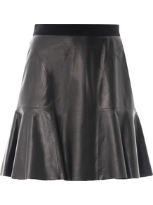 Fit And Flare Leather Skirt - length: mid thigh; pattern: plain; fit: body skimming; waist: high rise; predominant colour: black; occasions: casual, evening, holiday; style: fit & flare; fibres: leather - 100%; hip detail: soft pleats at hip/draping at hip/flared at hip; texture group: leather; pattern type: fabric