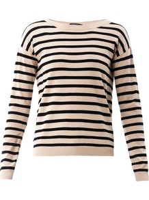 Zigote Sweater - neckline: slash/boat neckline; sleeve style: dolman/batwing; pattern: horizontal stripes; style: standard; predominant colour: ivory; secondary colour: black; occasions: casual, work; length: standard; fit: standard fit; sleeve length: long sleeve; texture group: knits/crochet; pattern type: knitted - fine stitch; pattern size: standard; fibres: viscose/rayon - mix