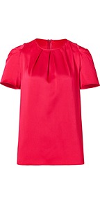 Satin Top In Azalea - pattern: plain; bust detail: ruching/gathering/draping/layers/pintuck pleats at bust; predominant colour: true red; occasions: casual, evening, work; length: standard; style: top; fit: straight cut; neckline: crew; sleeve length: short sleeve; sleeve style: standard; texture group: structured shiny - satin/tafetta/silk etc.; pattern type: fabric; fibres: viscose/rayon - mix