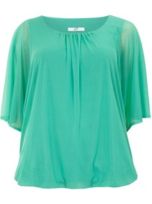 Green Mesh Jersey Top - neckline: round neck; sleeve style: angel/waterfall; pattern: plain; bust detail: ruching/gathering/draping/layers/pintuck pleats at bust; predominant colour: mint green; occasions: casual, work, holiday; length: standard; style: top; fibres: polyester/polyamide - 100%; fit: loose; sleeve length: 3/4 length; texture group: sheer fabrics/chiffon/organza etc.; pattern type: fabric