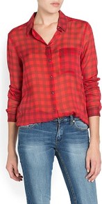 Check Chiffon Shirt - neckline: shirt collar/peter pan/zip with opening; pattern: checked/gingham; length: below the bottom; style: shirt; predominant colour: true red; secondary colour: stone; occasions: casual; fibres: polyester/polyamide - 100%; fit: body skimming; sleeve length: long sleeve; sleeve style: standard; texture group: sheer fabrics/chiffon/organza etc.; pattern type: fabric; pattern size: light/subtle