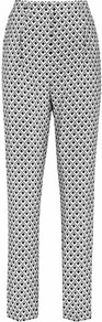 Orla Geo Print Silk Trousers - length: standard; waist: high rise; occasions: casual, evening, work, holiday; fibres: silk - 100%; hip detail: front pleats at hip level; texture group: silky - light; predominant colour: monochrome; trends: modern geometrics; fit: slim leg; pattern type: fabric; pattern size: light/subtle; pattern: patterned/print; style: standard