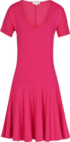 Myrtle Jersey Fit And Flare Dress - length: mid thigh; neckline: low v-neck; pattern: plain; waist detail: drop waist; predominant colour: pink; occasions: evening, work, occasion, holiday; fit: fitted at waist & bust; style: fit & flare; fibres: viscose/rayon - stretch; hip detail: structured pleats at hip; sleeve length: short sleeve; sleeve style: standard; trends: volume; pattern type: fabric; texture group: jersey - stretchy/drapey