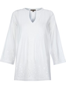 Embroidered Tunic Top, White - neckline: v-neck; pattern: plain; length: below the bottom; style: tunic; bust detail: ruching/gathering/draping/layers/pintuck pleats at bust; predominant colour: white; occasions: casual, holiday; fibres: cotton - 100%; fit: loose; sleeve length: 3/4 length; sleeve style: standard; texture group: cotton feel fabrics; pattern type: fabric; embellishment: embroidered