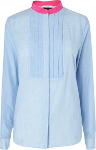 London Pleat Bib Blouse, Blue - pattern: pinstripe; style: blouse; bust detail: ruching/gathering/draping/layers/pintuck pleats at bust; secondary colour: white; predominant colour: pale blue; occasions: casual, work; length: standard; neckline: collarstand; fibres: cotton - 100%; fit: straight cut; sleeve length: long sleeve; sleeve style: standard; texture group: cotton feel fabrics; pattern type: fabric; pattern size: light/subtle