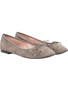 Studded Suede Ballerina Pumps, Taupe - predominant colour: taupe; secondary colour: silver; occasions: casual, work, holiday; material: suede; heel height: flat; embellishment: studs; toe: round toe; style: ballerinas / pumps; finish: plain; pattern: plain