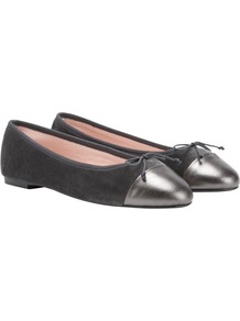 Contrast Toe Leather Ballet Pumps, Grey - predominant colour: charcoal; secondary colour: mid grey; occasions: casual, work, holiday; material: leather; heel height: flat; toe: pointed toe; style: ballerinas / pumps; trends: metallics; finish: plain; pattern: plain; embellishment: toe cap