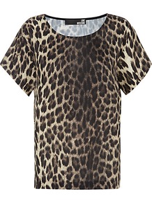 Leopard Print Top - neckline: round neck; style: t-shirt; secondary colour: chocolate brown; predominant colour: black; occasions: casual, evening, holiday; length: standard; fibres: polyester/polyamide - 100%; fit: straight cut; sleeve length: short sleeve; sleeve style: standard; pattern type: fabric; pattern size: big & busy; pattern: animal print; texture group: other - light to midweight