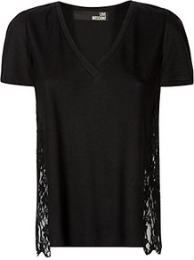 Lace Panel Jersey Top - neckline: v-neck; sleeve style: angel/waterfall; pattern: plain; style: t-shirt; predominant colour: black; occasions: casual; length: standard; fit: loose; sleeve length: short sleeve; pattern type: fabric; texture group: jersey - stretchy/drapey; fibres: viscose/rayon - mix; embellishment: lace