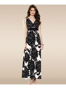 Giselle Maxi Dress - neckline: low v-neck; fit: empire; sleeve style: sleeveless; style: maxi dress; length: ankle length; waist detail: embellishment at waist/feature waistband; predominant colour: white; secondary colour: black; occasions: evening, occasion; fibres: polyester/polyamide - stretch; sleeve length: sleeveless; texture group: cotton feel fabrics; trends: high impact florals; pattern type: fabric; pattern size: big & busy; pattern: florals; embellishment: beading