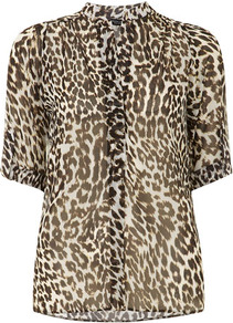 Animal Roll Sleeve Shirt - style: shirt; secondary colour: ivory; predominant colour: chocolate brown; occasions: casual, evening; length: standard; neckline: collarstand; fibres: polyester/polyamide - 100%; fit: straight cut; sleeve length: 3/4 length; sleeve style: standard; texture group: sheer fabrics/chiffon/organza etc.; pattern type: fabric; pattern size: standard; pattern: animal print
