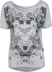 Lace Print Tee With Studs - bust detail: added detail/embellishment at bust; style: t-shirt; predominant colour: light grey; secondary colour: black; occasions: casual, holiday; length: standard; neckline: scoop; fibres: polyester/polyamide - mix; fit: body skimming; back detail: longer hem at back than at front; sleeve length: short sleeve; sleeve style: standard; texture group: cotton feel fabrics; trends: statement prints; pattern type: fabric; pattern size: light/subtle; pattern: patterned/print; embellishment: studs