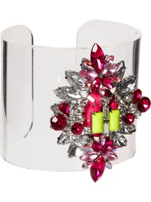 Jewel Perspex Cuff Bracelet - secondary colour: hot pink; occasions: evening, occasion, holiday; style: cuff; size: large/oversized; material: plastic/rubber; finish: plain; embellishment: jewels; predominant colour: clear