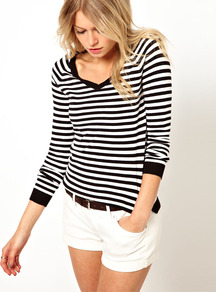 V Neck Stripe Jumper - neckline: v-neck; pattern: horizontal stripes; style: standard; secondary colour: white; predominant colour: black; occasions: casual, work, holiday; length: standard; fibres: cotton - mix; fit: standard fit; sleeve length: long sleeve; sleeve style: standard; texture group: knits/crochet; pattern type: knitted - fine stitch; pattern size: standard