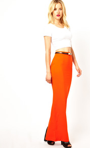 Maxi Skirt - pattern: plain; fit: body skimming; waist detail: belted waist/tie at waist/drawstring; waist: mid/regular rise; predominant colour: bright orange; occasions: casual, evening, holiday; length: floor length; style: maxi skirt; fibres: cotton - stretch; pattern type: fabric; texture group: jersey - stretchy/drapey