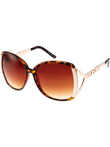 Tortoishell Oversized Sunglasses - predominant colour: tan; secondary colour: gold; occasions: casual, holiday; style: square; size: large; material: chain/metal; pattern: tortoiseshell; finish: plain