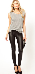 Leather Look Leggings - length: standard; pattern: plain; style: leggings; waist: mid/regular rise; predominant colour: black; occasions: casual, evening; fibres: polyester/polyamide - stretch; texture group: leather; fit: skinny/tight leg; pattern type: fabric