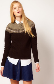 Tribal Neck Button Up Jumper - style: standard; bust detail: buttons at bust (in middle at breastbone)/zip detail at bust; predominant colour: chocolate brown; secondary colour: stone; occasions: casual, work; length: standard; fibres: wool - 100%; fit: standard fit; neckline: crew; sleeve length: long sleeve; sleeve style: standard; texture group: knits/crochet; pattern type: knitted - fine stitch; pattern size: light/subtle; pattern: patterned/print