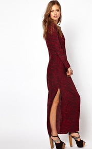 Printed Silk Maxi Dress - style: maxi dress; length: ankle length; predominant colour: true red; secondary colour: black; occasions: evening, occasion; fit: body skimming; fibres: silk - 100%; neckline: crew; hip detail: slits at hip; sleeve length: long sleeve; sleeve style: standard; texture group: silky - light; trends: statement prints; pattern type: fabric; pattern size: standard; pattern: patterned/print