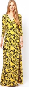 Silk Crepe Maxi Dress In Gold Rose Print - neckline: v-neck; fit: fitted at waist; style: maxi dress; bust detail: buttons at bust (in middle at breastbone)/zip detail at bust; predominant colour: yellow; secondary colour: black; occasions: casual, evening, occasion; length: floor length; fibres: silk - 100%; hip detail: slits at hip; sleeve length: 3/4 length; sleeve style: standard; trends: high impact florals, statement prints; pattern type: fabric; pattern size: big & busy; pattern: patterned/print; texture group: other - light to midweight