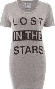 Grey Marl Lost In The Stars Print T Shirt - waist detail: fitted waist; length: below the bottom; style: t-shirt; predominant colour: light grey; secondary colour: black; occasions: casual, holiday; fibres: viscose/rayon - 100%; fit: body skimming; neckline: crew; hip detail: contrast fabric/print detail at hip; bust detail: contrast pattern/fabric/detail at bust; sleeve length: short sleeve; sleeve style: standard; trends: statement prints; pattern type: fabric; pattern size: big & busy; pattern: patterned/print; texture group: jersey - stretchy/drapey
