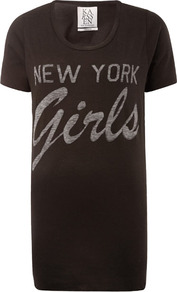 Black New York Girls Print T Shirt - length: below the bottom; style: t-shirt; predominant colour: black; occasions: casual; fibres: cotton - mix; fit: straight cut; neckline: crew; sleeve length: short sleeve; sleeve style: standard; pattern type: fabric; pattern size: light/subtle; pattern: patterned/print; texture group: jersey - stretchy/drapey