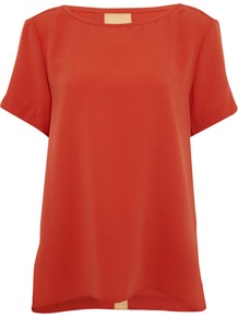 Orange Split Back Top - pattern: plain; predominant colour: bright orange; occasions: casual, evening, work; length: standard; style: top; fit: body skimming; neckline: crew; sleeve length: short sleeve; sleeve style: standard; texture group: cotton feel fabrics; fibres: viscose/rayon - mix