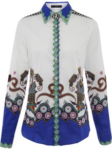 Multicolour Paisley Print Cotton Shirt - neckline: shirt collar/peter pan/zip with opening; style: shirt; pattern: paisley; predominant colour: white; secondary colour: royal blue; occasions: casual; length: standard; fibres: cotton - stretch; fit: body skimming; sleeve length: long sleeve; sleeve style: standard; texture group: silky - light; pattern type: fabric; pattern size: big & busy