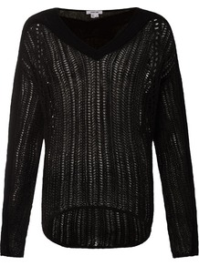 Black Long Sleeve Open Knit Jumper - neckline: v-neck; sleeve style: raglan; pattern: plain; style: standard; predominant colour: black; occasions: casual; length: standard; fibres: linen - mix; fit: standard fit; back detail: longer hem at back than at front; sleeve length: long sleeve; texture group: knits/crochet; pattern type: knitted - big stitch