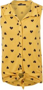 Sleeveless Heart Print Jersey Shirt Sunflower - neckline: shirt collar/peter pan/zip with opening; sleeve style: sleeveless; style: shirt; predominant colour: mustard; secondary colour: black; occasions: casual, holiday; length: standard; fibres: viscose/rayon - 100%; fit: body skimming; hip detail: ruching/gathering at hip; back detail: longer hem at back than at front; sleeve length: sleeveless; pattern type: fabric; pattern size: standard; pattern: patterned/print; texture group: jersey - stretchy/drapey