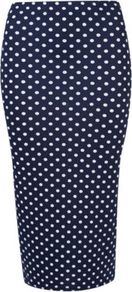 G21 Spot Print Midi Skirt Navy - length: calf length; fit: tight; waist detail: elasticated waist; pattern: polka dot; waist: mid/regular rise; secondary colour: white; predominant colour: navy; occasions: casual, evening, work, holiday; fibres: viscose/rayon - stretch; style: tube; texture group: jersey - clingy; pattern type: fabric; pattern size: standard