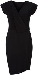 Short Sleeve Wrap Dress With Drape Detail Black - style: faux wrap/wrap; neckline: v-neck; sleeve style: capped; pattern: plain; bust detail: ruching/gathering/draping/layers/pintuck pleats at bust; predominant colour: black; occasions: casual, evening, work; length: just above the knee; fit: body skimming; fibres: polyester/polyamide - stretch; sleeve length: short sleeve; pattern type: fabric; texture group: jersey - stretchy/drapey