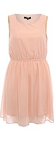 Koko Chain Arm Chiffon Dress - style: shift; length: mid thigh; fit: fitted at waist; pattern: plain; sleeve style: sleeveless; waist detail: fitted waist; predominant colour: nude; occasions: casual, evening; fibres: polyester/polyamide - 100%; neckline: crew; sleeve length: sleeveless; texture group: sheer fabrics/chiffon/organza etc.; pattern type: fabric