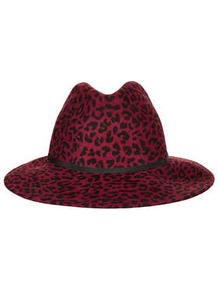 Leopard Fedora Hat - predominant colour: hot pink; secondary colour: black; occasions: casual, evening, work, occasion; type of pattern: standard; style: fedora; size: standard; material: felt; embellishment: ribbon; pattern: animal print; trends: statement prints
