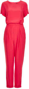 T Shirt Jumpsuit - length: standard; neckline: round neck; sleeve style: angel/waterfall; fit: fitted at waist; pattern: plain; waist detail: elasticated waist; bust detail: ruching/gathering/draping/layers/pintuck pleats at bust; predominant colour: pink; occasions: casual, evening, holiday; hip detail: ruching/gathering at hip; jeans & bottoms detail: turn ups; sleeve length: short sleeve; style: jumpsuit; pattern type: fabric; texture group: jersey - stretchy/drapey; fibres: viscose/rayon - mix