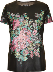 Flower Print Leather Look T Shirt - neckline: round neck; sleeve style: capped; bust detail: added detail/embellishment at bust; style: t-shirt; back detail: contrast pattern/fabric at back; secondary colour: pink; predominant colour: black; occasions: casual, evening, work; length: standard; fibres: polyester/polyamide - 100%; fit: body skimming; sleeve length: short sleeve; texture group: silky - light; trends: high impact florals; pattern type: fabric; pattern size: big & busy; pattern: florals