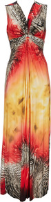 Red Printed Maxi Dress - neckline: low v-neck; fit: empire; sleeve style: sleeveless; style: maxi dress; waist detail: twist front waist detail/nipped in at waist on one side/soft pleats/draping/ruching/gathering waist detail; bust detail: ruching/gathering/draping/layers/pintuck pleats at bust; secondary colour: bright orange; occasions: casual, evening, occasion, holiday; length: floor length; fibres: polyester/polyamide - stretch; predominant colour: multicoloured; sleeve length: sleeveless; trends: statement prints; pattern type: fabric; pattern size: big & busy; pattern: patterned/print; texture group: jersey - stretchy/drapey