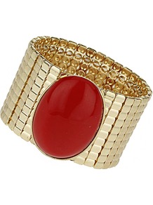 Red Stone Stretch Bracelet - secondary colour: true red; predominant colour: gold; occasions: casual, evening, holiday; style: cuff; size: large/oversized; material: chain/metal; finish: metallic; embellishment: jewels