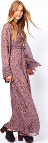 Silk Chiffon Printed Maxi Dress - neckline: plunge; sleeve style: bell sleeve; style: maxi dress; back detail: tie detail at back; waist detail: twist front waist detail/nipped in at waist on one side/soft pleats/draping/ruching/gathering waist detail; predominant colour: lilac; occasions: evening, occasion, holiday; length: floor length; fit: fitted at waist & bust; fibres: silk - 100%; sleeve length: long sleeve; texture group: sheer fabrics/chiffon/organza etc.; pattern type: fabric; pattern size: light/subtle; pattern: patterned/print