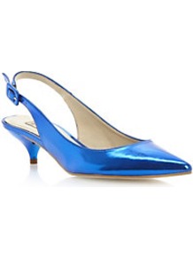 Davinia Pointed Toe Mirrored Slingback Court Shoe - predominant colour: diva blue; occasions: evening, occasion; material: faux leather; heel height: mid; heel: kitten; toe: pointed toe; style: slingbacks; trends: metallics; finish: metallic; pattern: plain