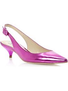Davinia Pointed Toe Mirrored Slingback Court Shoe - predominant colour: hot pink; occasions: evening, occasion; material: faux leather; heel height: mid; heel: kitten; toe: pointed toe; style: slingbacks; trends: metallics; finish: metallic; pattern: plain