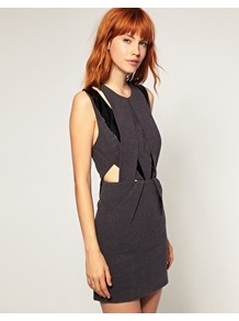 Multi Cut Out Flannel Dress - style: tunic; length: mini; neckline: round neck; pattern: plain, two-tone; sleeve: sleeveless; waist detail: fitted waist, embellishment at waist/feature waistband; back detail: racer back/sports back, low cut/open back; hip detail: fitted at hip (dresses, skirts, tops); bust detail: tiers/ruffles/ruching/gathering/draping/layers/pleats at bust; predominant colour: charcoal; occasions: casual wear, evening wear, special occasions wear; fit: body skimming; material: 100% polyester